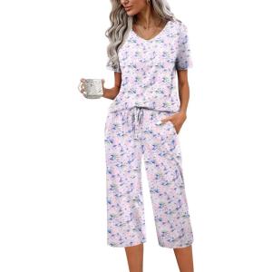 Ekouaer Womens Pajama Sets Soft Cotton Pj Short Sleeve Top with Capri Pants Sleepwear 2 Piece Print Loungewear,S-XXL(Blue White Flower)
