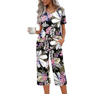 Ekouaer Womens Pajama Sets Soft Cotton Pj Short Sleeve Top with Capri Pants Sleepwear 2 Piece Print Loungewear,S-XXL(Brown Flower)