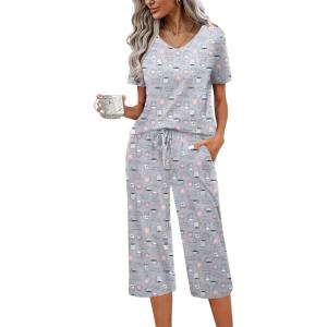 Ekouaer Womens Pajama Sets Soft Cotton Pj Short Sleeve Top with Capri Pants Sleepwear 2 Piece Print Loungewear,S-XXL(Grey Coffee)