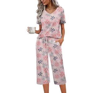 Ekouaer Womens Pajama Sets Soft Cotton Pj Short Sleeve Top with Capri Pants Sleepwear 2 Piece Print Loungewear,S-XXL(Grey Flower)