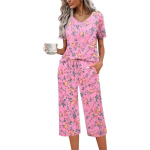 Ekouaer Womens Pajama Sets Soft Cotton Pj Short Sleeve Top with Capri Pants Sleepwear 2 Piece Print Loungewear,S-XXL(Pink Flower)