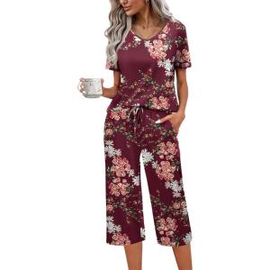 Ekouaer Womens Pajama Sets Soft Cotton Pj Short Sleeve Top with Capri Pants Sleepwear 2 Piece Print Loungewear,S-XXL(Wine Red Flower)