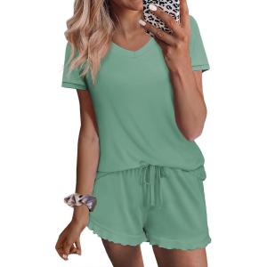 Ekouaer Womens Pajama Sets Summer Pjs Soft Short Sleeve Sleepwear Comfy Ruffle Pj Shorts Set Cute Lounge Sets with Pockets(Celadon)