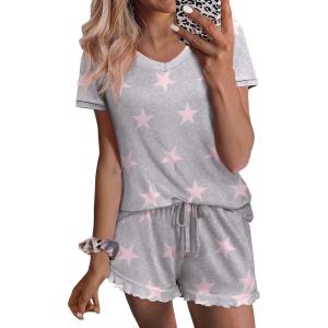 Ekouaer Womens Pajama Sets Summer Pjs Soft Short Sleeve Sleepwear Comfy Ruffle Pj Shorts Set Cute Lounge Sets with Pockets(Grey Star)