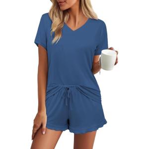 Ekouaer Womens Pajama Sets Summer Pjs Soft Short Sleeve Sleepwear Comfy Ruffle Pj Shorts Set Cute Lounge Sets with Pockets(Navy Blue)