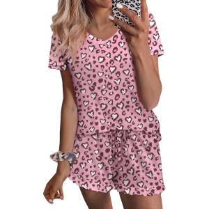 Ekouaer Womens Pajama Sets Summer Pjs Soft Short Sleeve Sleepwear Comfy Ruffle Pj Shorts Set Cute Lounge Sets with Pockets(Pink Heart Leopard)