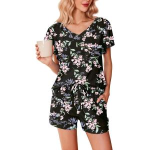 Ekouaer Women’s Pajamas Set Ruffle Sleeves Sleepwear V Neck Comfy 2 Piece Pjs Loungewear Set with Pockets S-XXL(Black Florals)