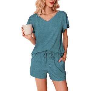 Ekouaer Women’s Pajamas Set Ruffle Sleeves Sleepwear V Neck Comfy 2 Piece Pjs Loungewear Set with Pockets S-XXL(Blue Green)