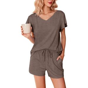Ekouaer Women’s Pajamas Set Ruffle Sleeves Sleepwear V Neck Comfy 2 Piece Pjs Loungewear Set with Pockets S-XXL(Brown)
