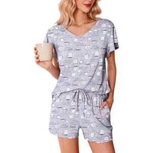 Ekouaer Women’s Pajamas Set Ruffle Sleeves Sleepwear V Neck Comfy 2 Piece Pjs Loungewear Set with Pockets S-XXL(Coffee Cup)