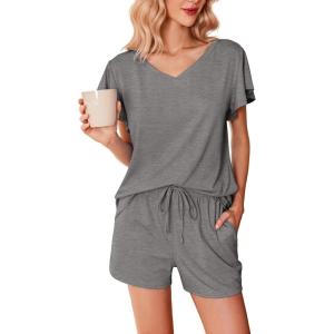 Ekouaer Women’s Pajamas Set Ruffle Sleeves Sleepwear V Neck Comfy 2 Piece Pjs Loungewear Set with Pockets S-XXL(Dark Gray)