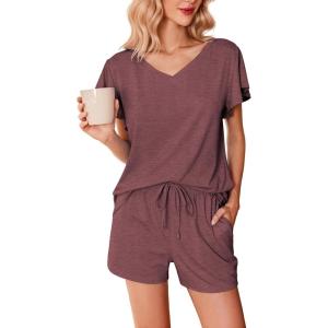 Ekouaer Women’s Pajamas Set Ruffle Sleeves Sleepwear V Neck Comfy 2 Piece Pjs Loungewear Set with Pockets S-XXL(Deep Red)