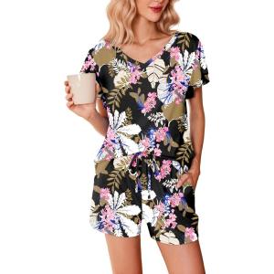 Ekouaer Women’s Pajamas Set Ruffle Sleeves Sleepwear V Neck Comfy 2 Piece Pjs Loungewear Set with Pockets S-XXL(Navy Florals)