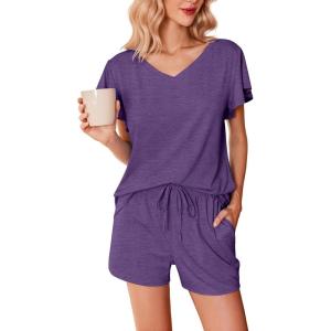 Ekouaer Women’s Pajamas Set Ruffle Sleeves Sleepwear V Neck Comfy 2 Piece Pjs Loungewear Set with Pockets S-XXL(Purple)