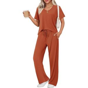 Ekouaer Womens Ribbed Knit Lounge Set Short Sleeve Top and Long Pants Sleepwear Pajama Set Two Piece Matching Outfits Set(Caramel)