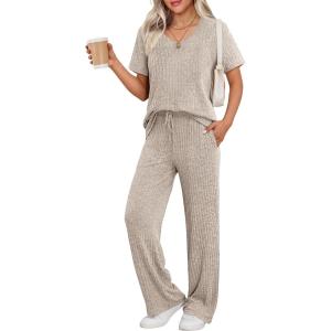 Ekouaer Womens Ribbed Knit Lounge Set Short Sleeve Top and Long Pants Sleepwear Pajama Set Two Piece Matching Outfits Set(Champagne)
