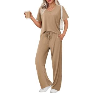 Ekouaer Womens Ribbed Knit Lounge Set Short Sleeve Top and Long Pants Sleepwear Pajama Set Two Piece Matching Outfits Set(Coffee)