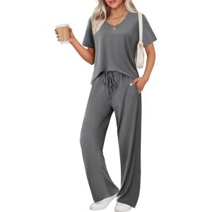 Ekouaer Womens Ribbed Knit Lounge Set Short Sleeve Top and Long Pants Sleepwear Pajama Set Two Piece Matching Outfits Set(Dark Gray)
