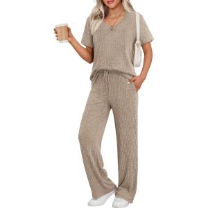 Ekouaer Womens Ribbed Knit Lounge Set Short Sleeve Top and Long Pants Sleepwear Pajama Set Two Piece Matching Outfits Set(Khaki)