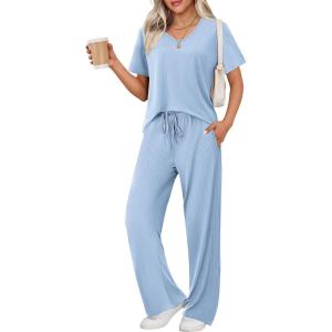 Ekouaer Womens Ribbed Knit Lounge Set Short Sleeve Top and Long Pants Sleepwear Pajama Set Two Piece Matching Outfits Set(Light Blue)