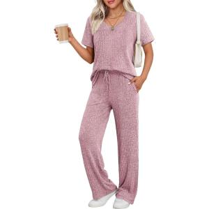 Ekouaer Womens Ribbed Knit Lounge Set Short Sleeve Top and Long Pants Sleepwear Pajama Set Two Piece Matching Outfits Set(Light Purple)