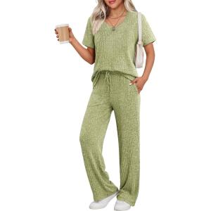 Ekouaer Womens Ribbed Knit Lounge Set Short Sleeve Top and Long Pants Sleepwear Pajama Set Two Piece Matching Outfits Set(Moss Green)