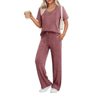 Ekouaer Womens Ribbed Knit Lounge Set Short Sleeve Top and Long Pants Sleepwear Pajama Set Two Piece Matching Outfits Set(Wine Red)