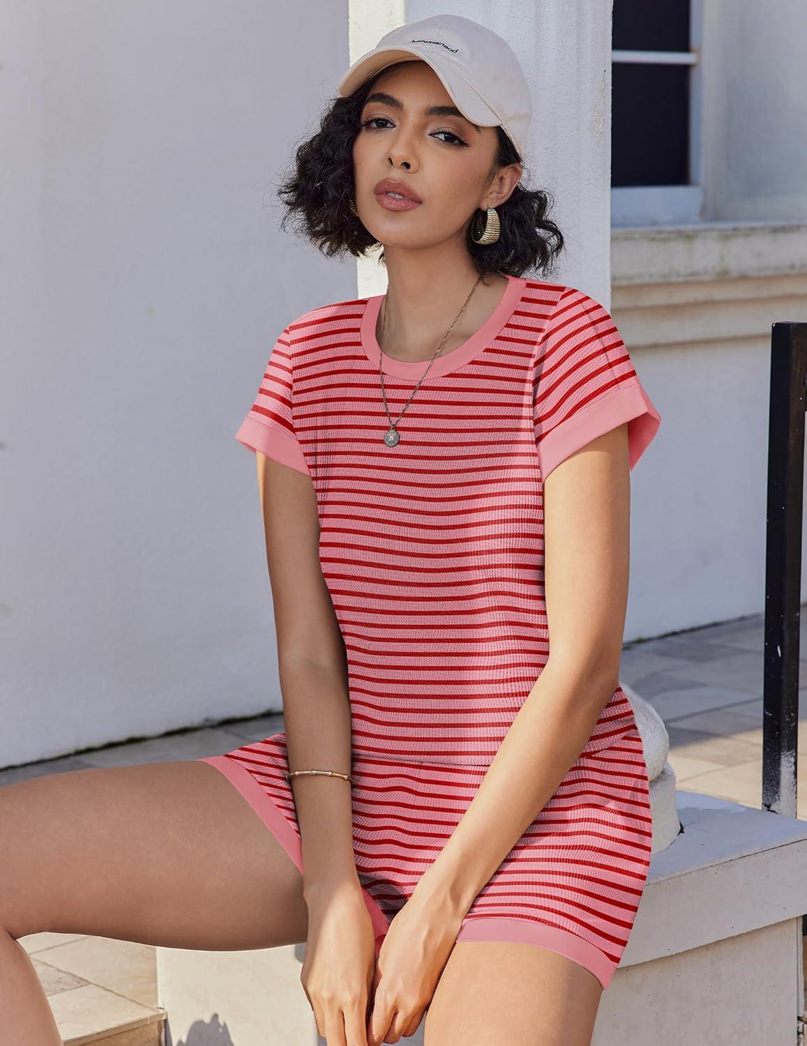 imageEKOUAER 2 Piece Sets for Women Summer Outfits Cute Stripe Knit T Shirts Shorts Matching Lounge SetHot Pink Striped