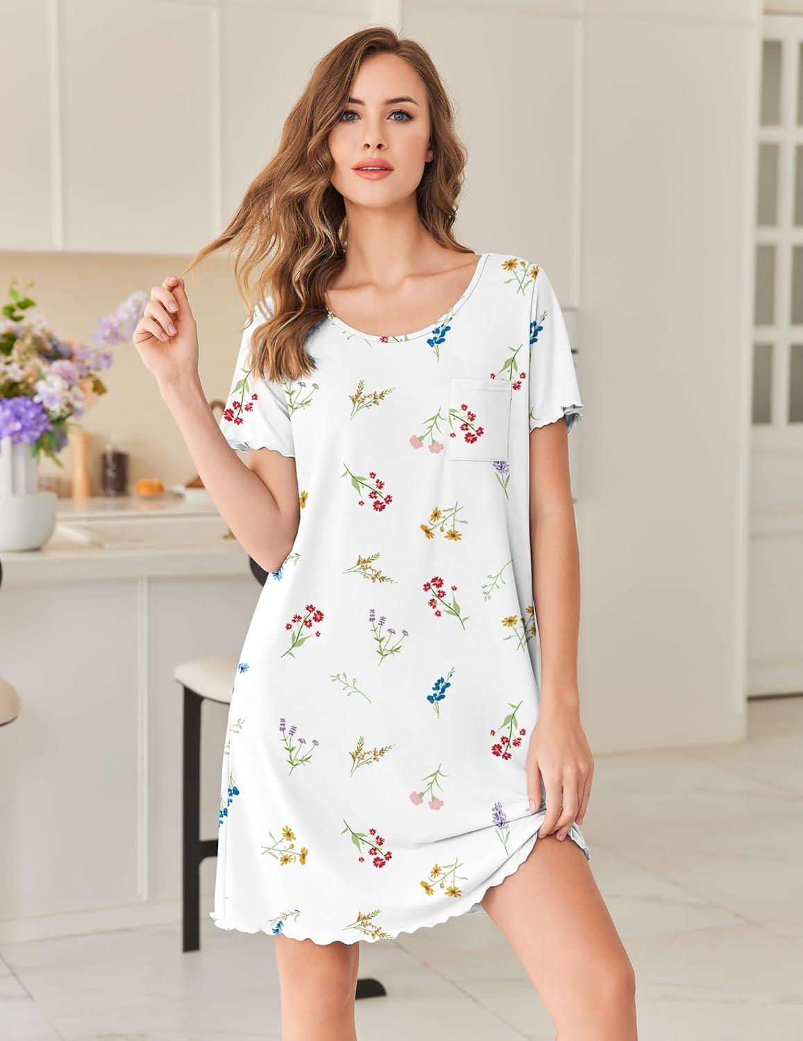 imageEkouaer Bamboo Viscose Sleep Shirts for Women Soft Nightgowns Short Sleeve Ruffled Night Shirts with Chest Pocket S3XLDaisy