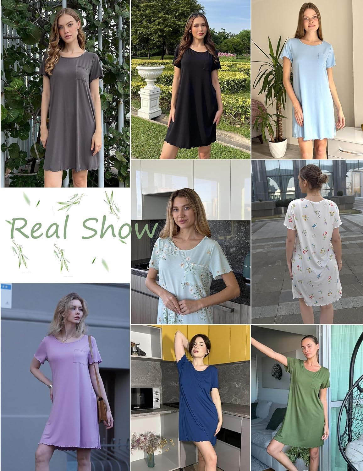 imageEkouaer Bamboo Viscose Sleep Shirts for Women Soft Nightgowns Short Sleeve Ruffled Night Shirts with Chest Pocket S3XLDaisy Green