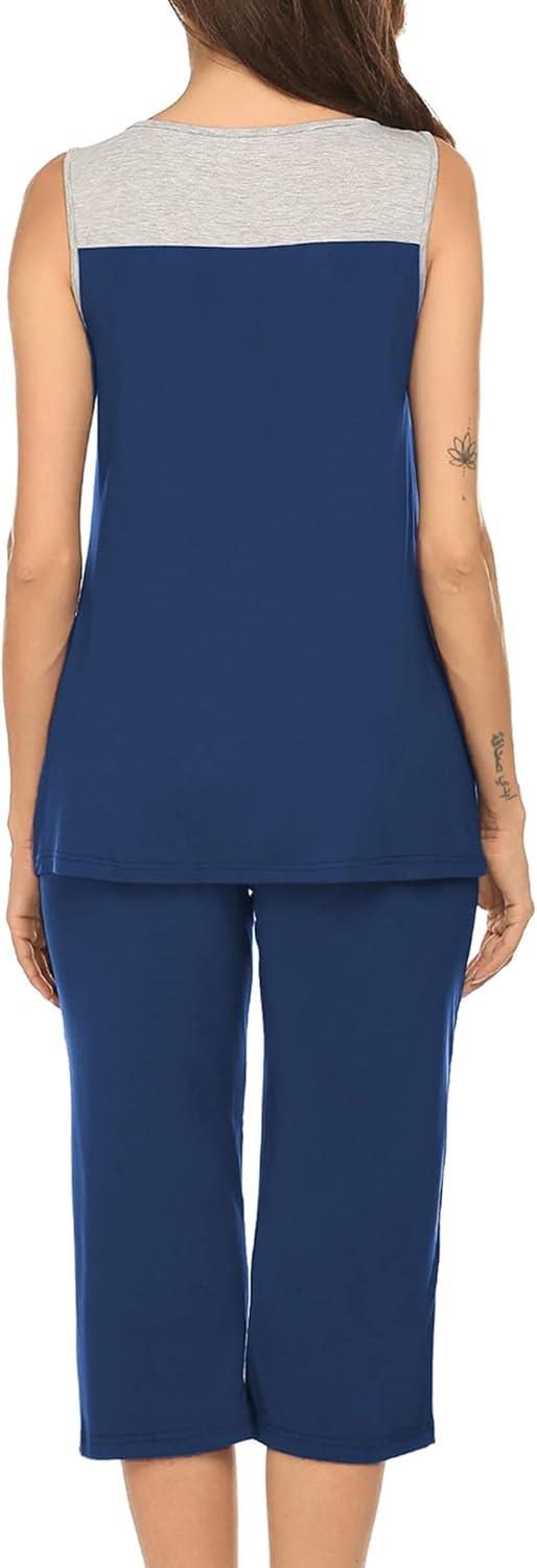imageEkouaer Capri Pajama Sets for Women 2 Piece Soft Cute Pjs Round Neck Sleeveless Lounge Set for Summer Sleepwear SXXXLCobalt Blue