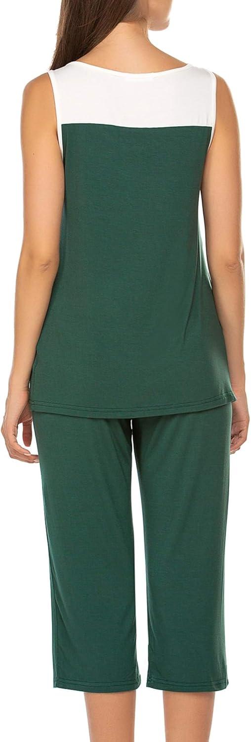 imageEkouaer Capri Pajama Sets for Women 2 Piece Soft Cute Pjs Round Neck Sleeveless Lounge Set for Summer Sleepwear SXXXLDark Green