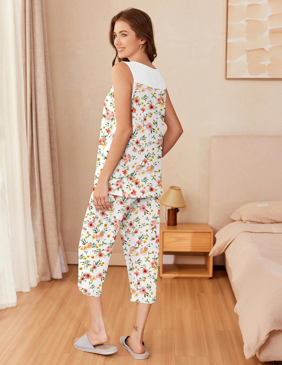 imageEkouaer Capri Pajama Sets for Women 2 Piece Soft Cute Pjs Round Neck Sleeveless Lounge Set for Summer Sleepwear SXXXLFlower 1