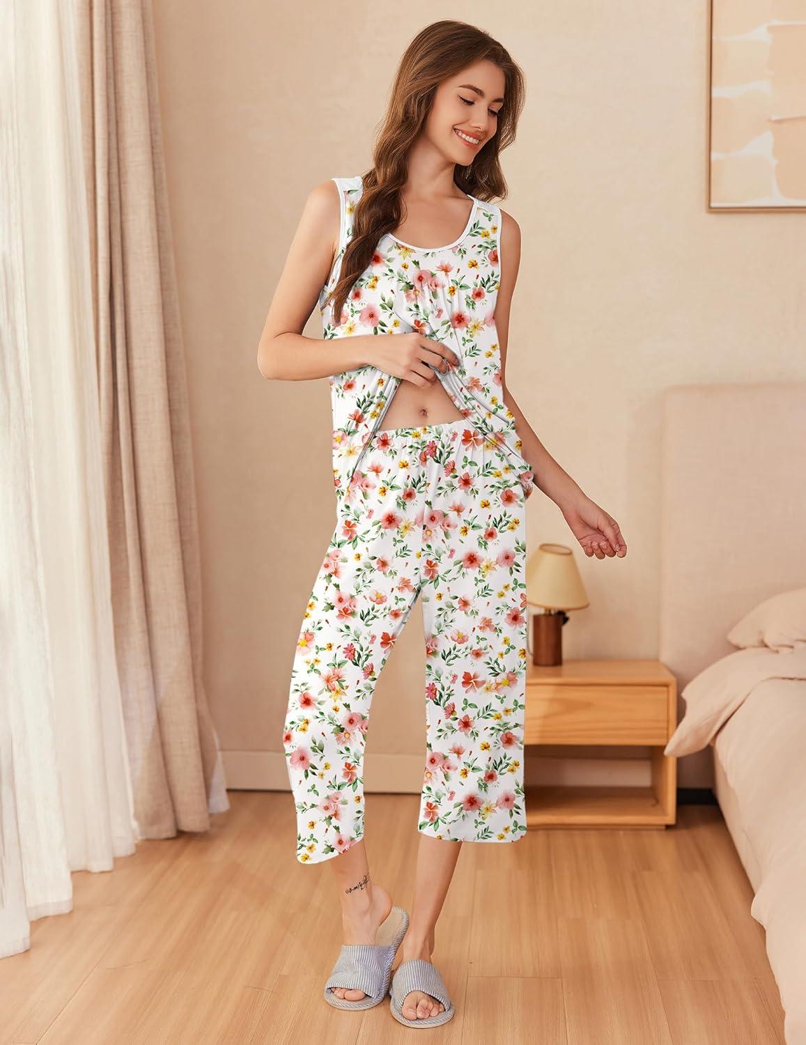 imageEkouaer Capri Pajama Sets for Women 2 Piece Soft Cute Pjs Round Neck Sleeveless Lounge Set for Summer Sleepwear SXXXLFlower 1