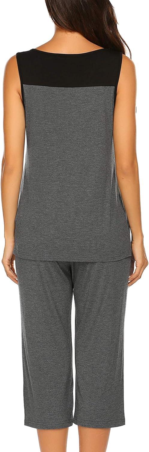 imageEkouaer Capri Pajama Sets for Women 2 Piece Soft Cute Pjs Round Neck Sleeveless Lounge Set for Summer Sleepwear SXXXLGrey