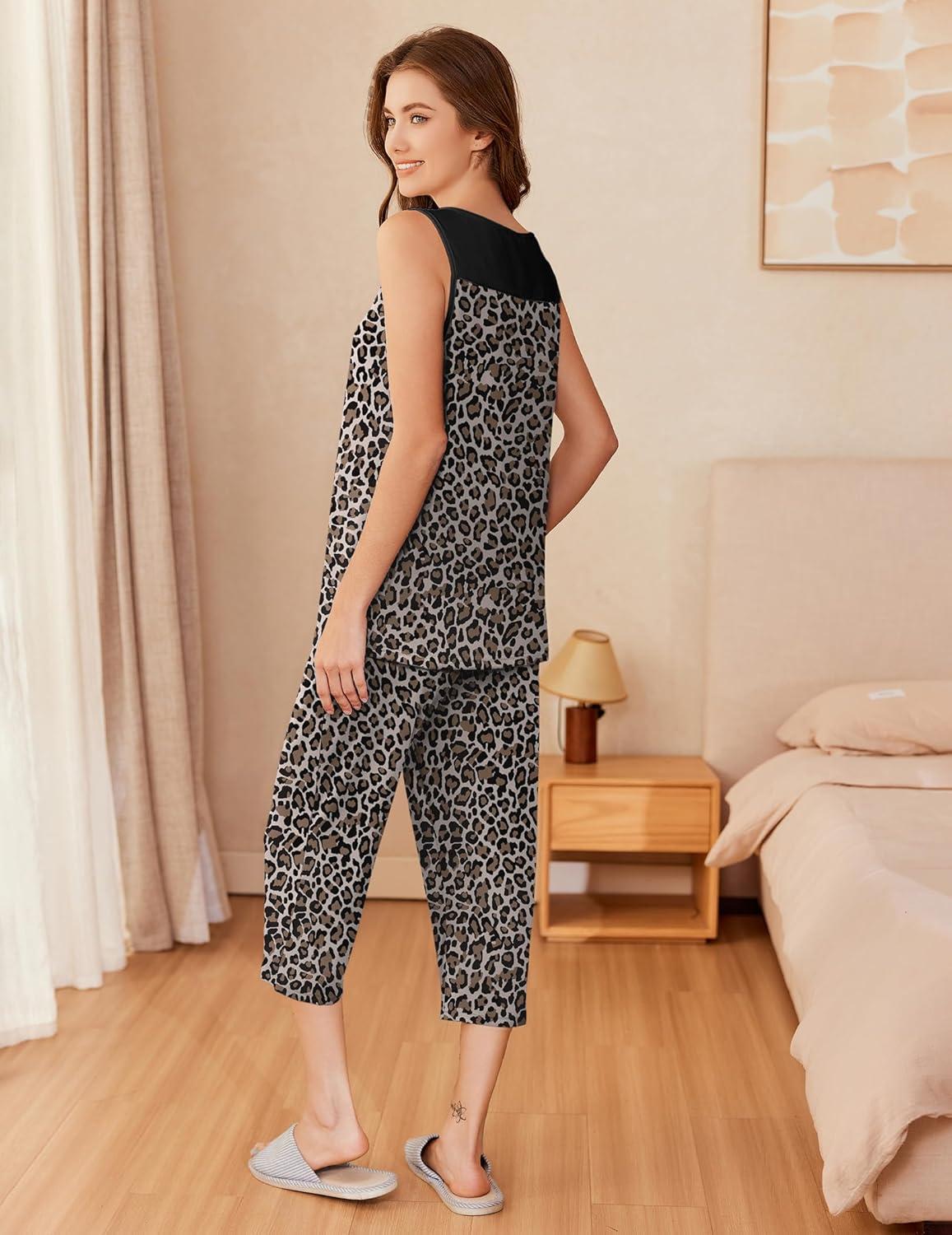 imageEkouaer Capri Pajama Sets for Women 2 Piece Soft Cute Pjs Round Neck Sleeveless Lounge Set for Summer Sleepwear SXXXLLeopard