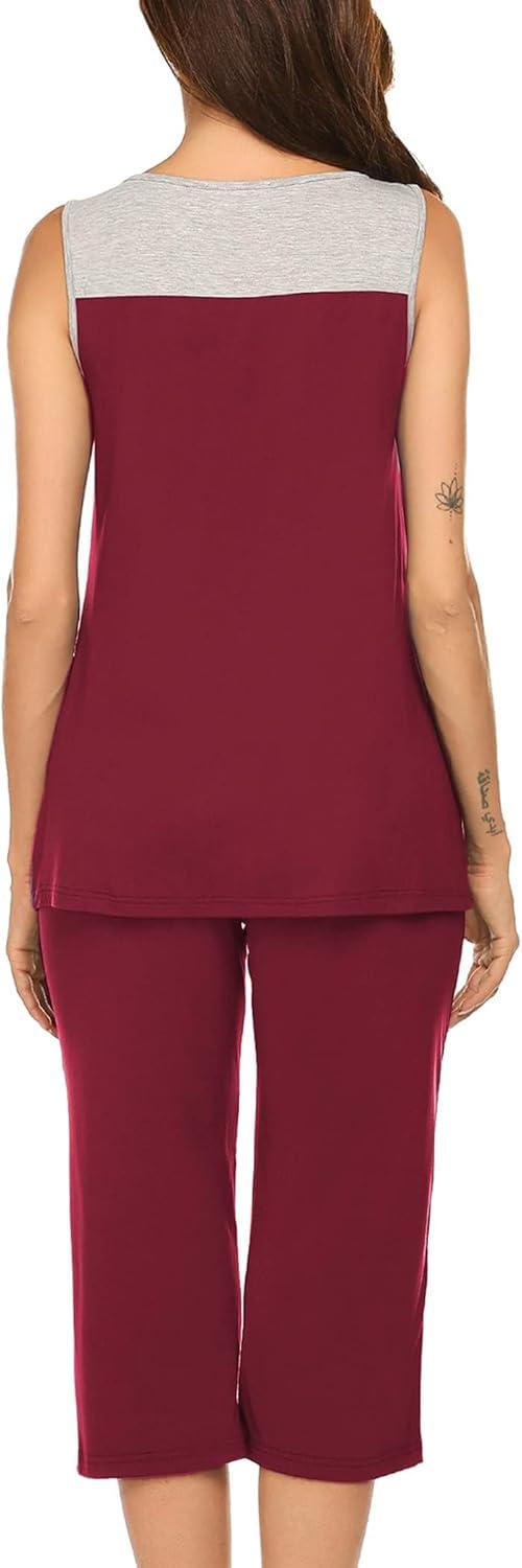 imageEkouaer Capri Pajama Sets for Women 2 Piece Soft Cute Pjs Round Neck Sleeveless Lounge Set for Summer Sleepwear SXXXLWine Red