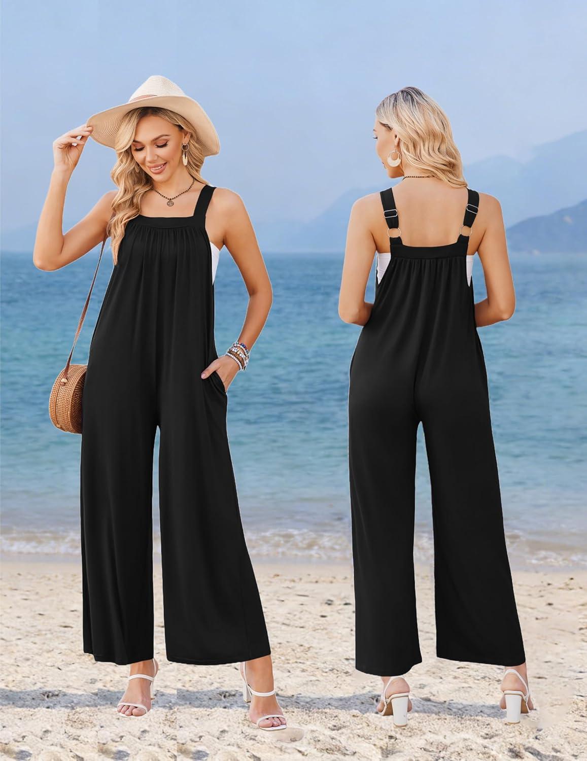 imageEkouaer Casual Jumpsuits for Women Adjustable Straps Overalls One Piece Jumpsuit Wide Leg Rompers With Pockets SXXLBlack