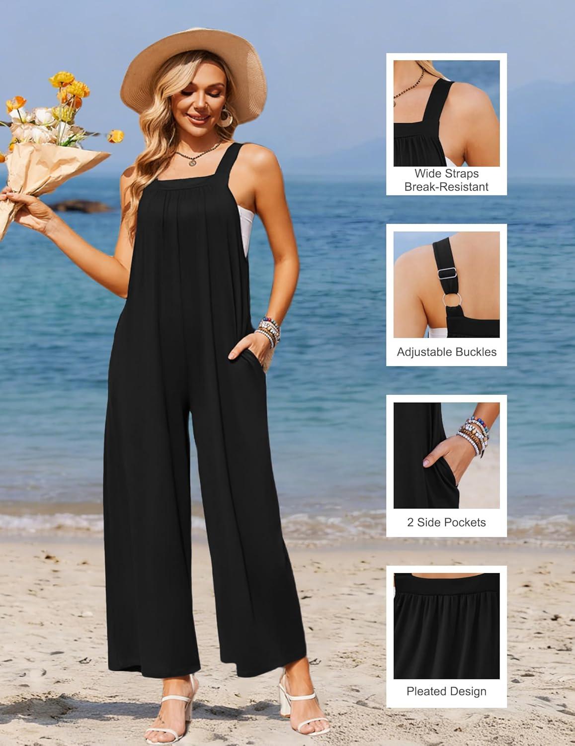 imageEkouaer Casual Jumpsuits for Women Adjustable Straps Overalls One Piece Jumpsuit Wide Leg Rompers With Pockets SXXLBlack