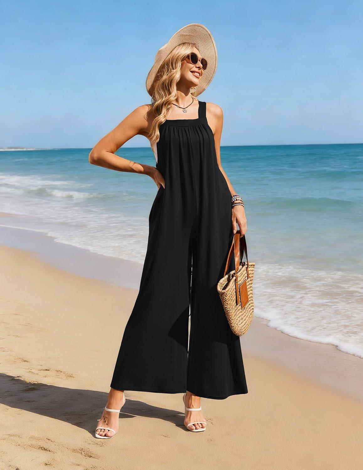 imageEkouaer Casual Jumpsuits for Women Adjustable Straps Overalls One Piece Jumpsuit Wide Leg Rompers With Pockets SXXLBlack