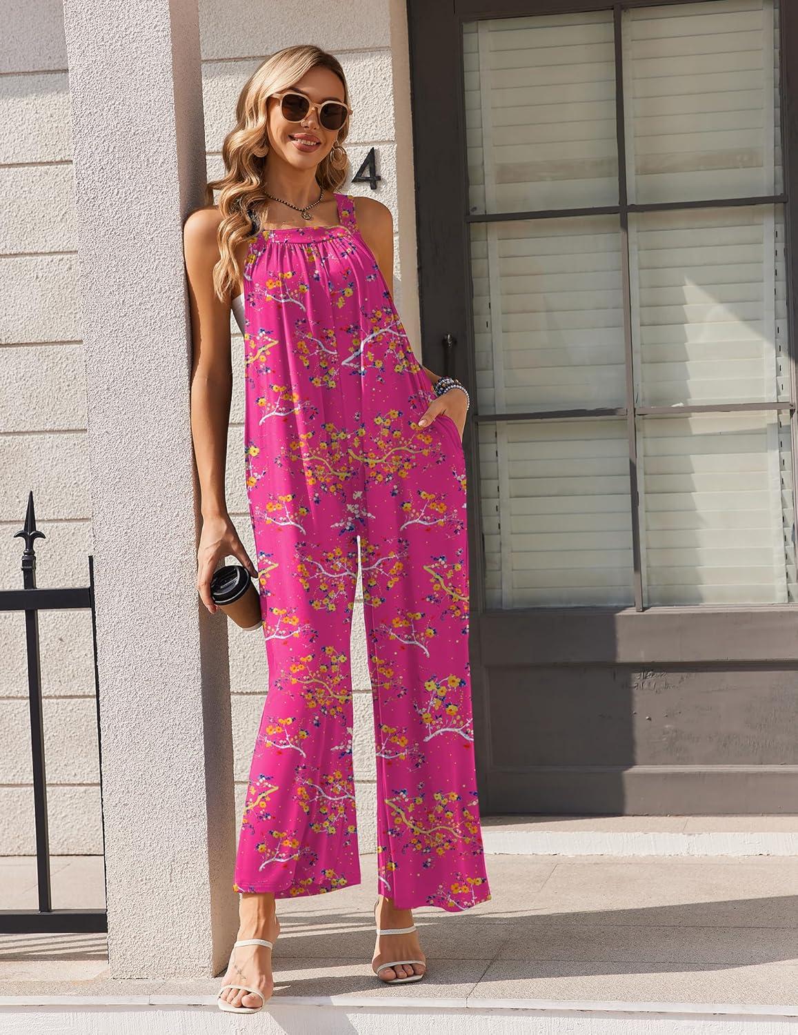 imageEkouaer Casual Jumpsuits for Women Adjustable Straps Overalls One Piece Jumpsuit Wide Leg Rompers With Pockets SXXLHot Pink Floral