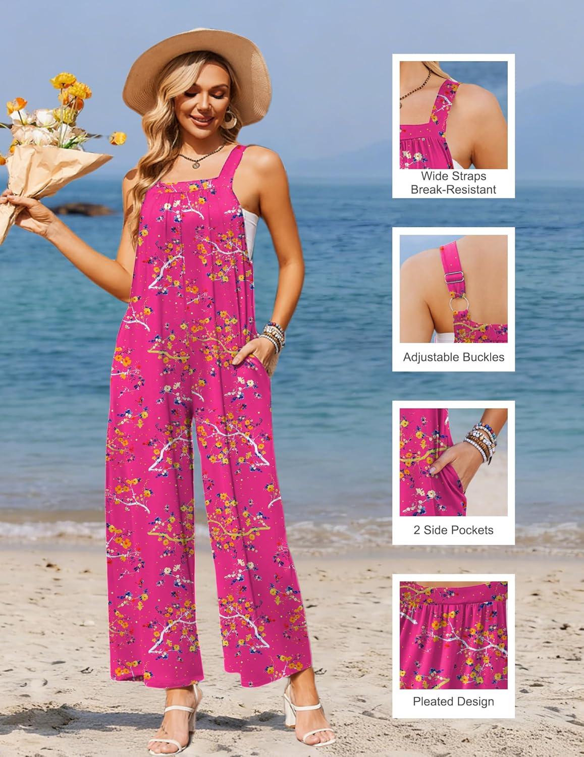 imageEkouaer Casual Jumpsuits for Women Adjustable Straps Overalls One Piece Jumpsuit Wide Leg Rompers With Pockets SXXLHot Pink Floral