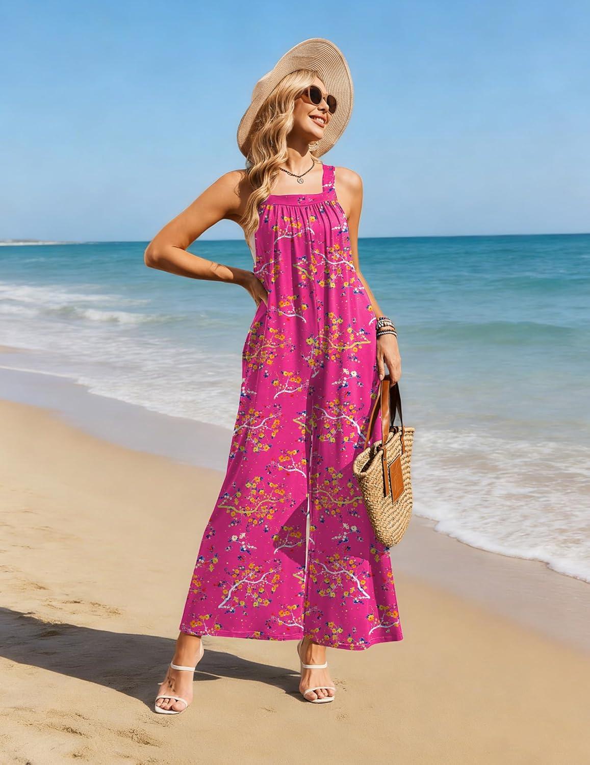 imageEkouaer Casual Jumpsuits for Women Adjustable Straps Overalls One Piece Jumpsuit Wide Leg Rompers With Pockets SXXLHot Pink Floral