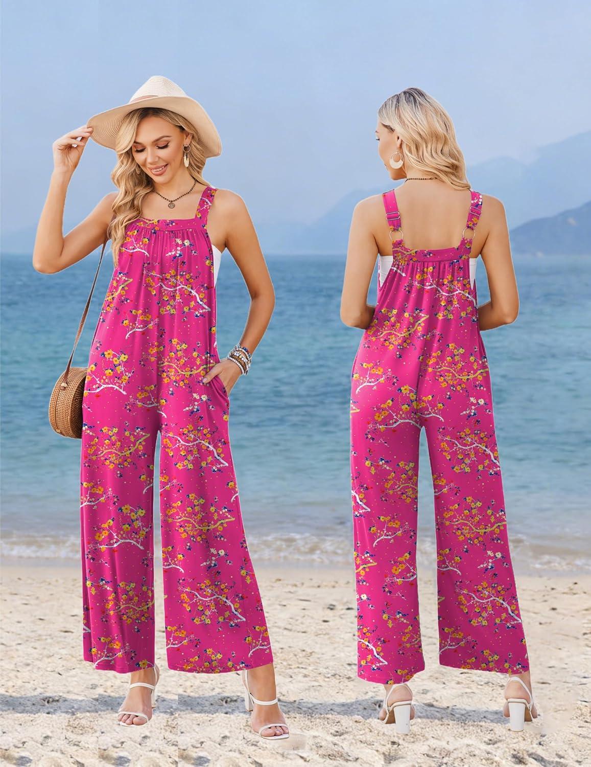 imageEkouaer Casual Jumpsuits for Women Adjustable Straps Overalls One Piece Jumpsuit Wide Leg Rompers With Pockets SXXLHot Pink Floral