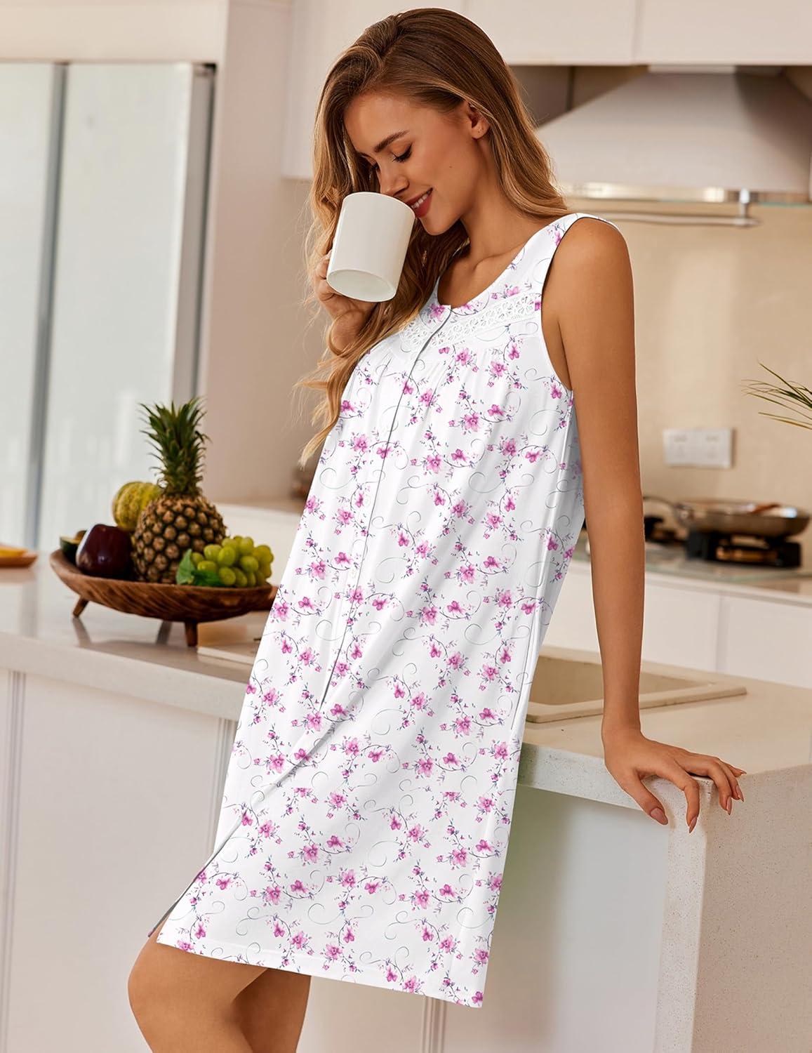 imageEkouaer Nightgowns for Women Button Up Sleepshirt Tank Sleeveless Nightshirt Soft Sleepwear with Pockets SXXXLLight Pink Floral
