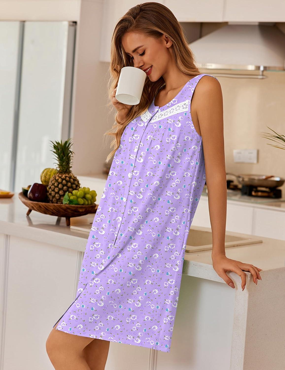 imageEkouaer Nightgowns for Women Button Up Sleepshirt Tank Sleeveless Nightshirt Soft Sleepwear with Pockets SXXXLLight Purple Floral