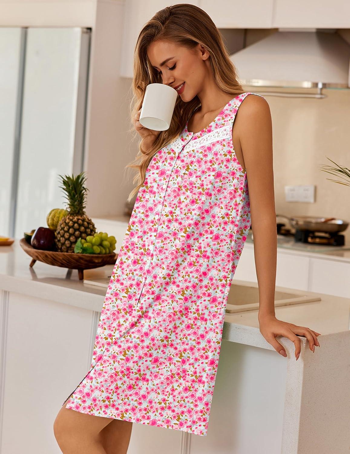 imageEkouaer Nightgowns for Women Button Up Sleepshirt Tank Sleeveless Nightshirt Soft Sleepwear with Pockets SXXXLPink Floral
