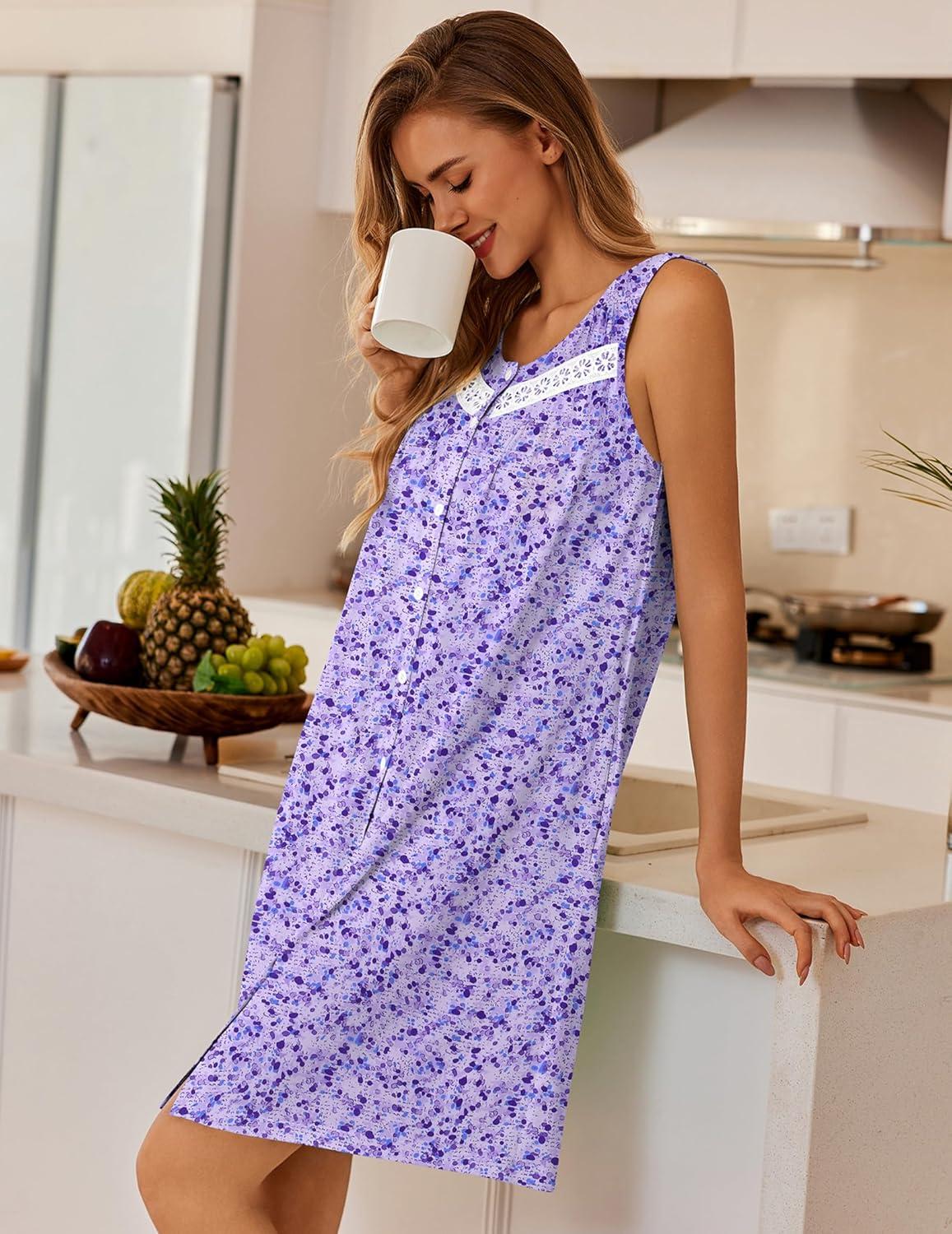 imageEkouaer Nightgowns for Women Button Up Sleepshirt Tank Sleeveless Nightshirt Soft Sleepwear with Pockets SXXXLPurple Florals