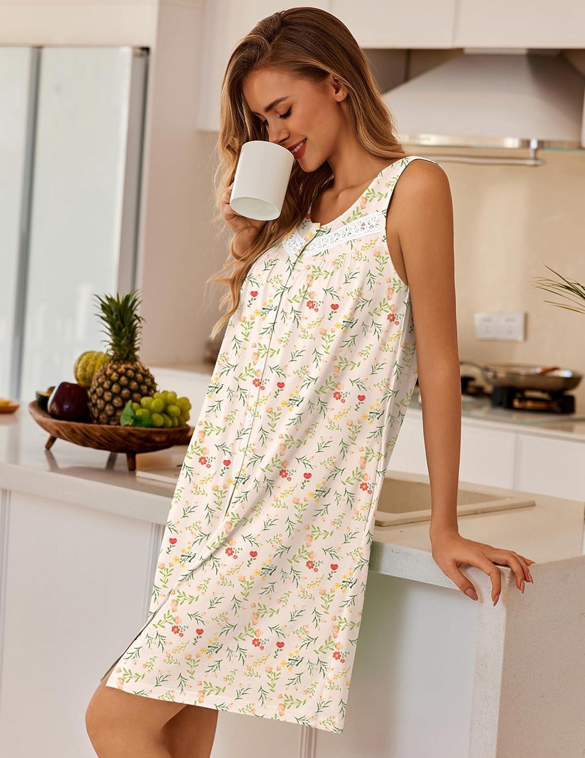 imageEkouaer Nightgowns for Women Button Up Sleepshirt Tank Sleeveless Nightshirt Soft Sleepwear with Pockets SXXXLYellow Floral