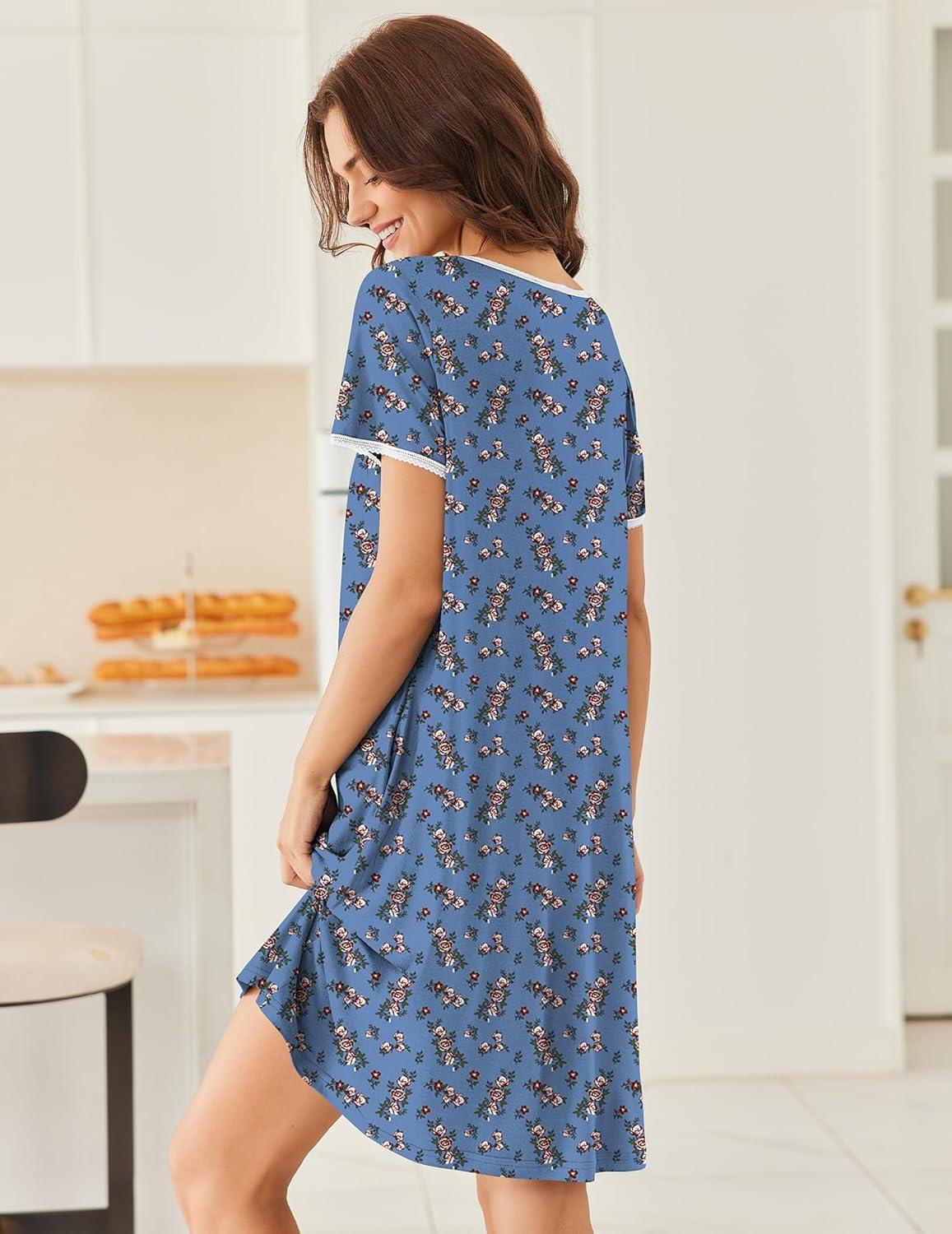 imageEkouaer Nightgowns for Women Short Sleeve Moo Moos Ladies House Dress with Pockets Pleated Sleepshirts Soft SleepwearBlue White Red Florals